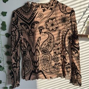 Size S unbranded semi-sheer light brown and black paisley print long sleeve top